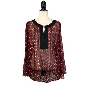 Lane Bryant Burgundy Sheer Blouse Flare Sleeve
Tie Neck Tassel, Size 22/24